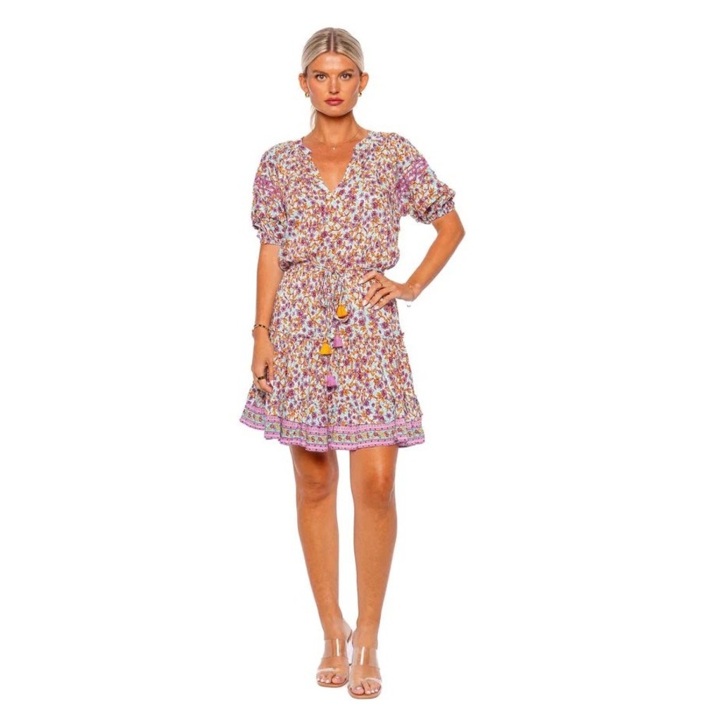 Poupette St Barth Bona V Mini Dress Aqua Blossom Floral Tassel Large NEW
